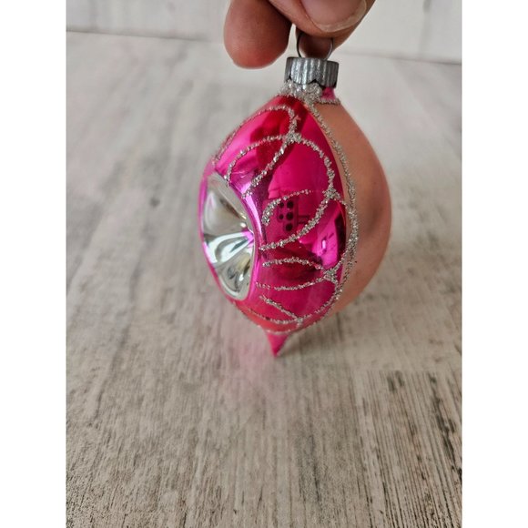 Vintage reflector pink teardrop glass ornament Xmas tree - Picture 2 of 9